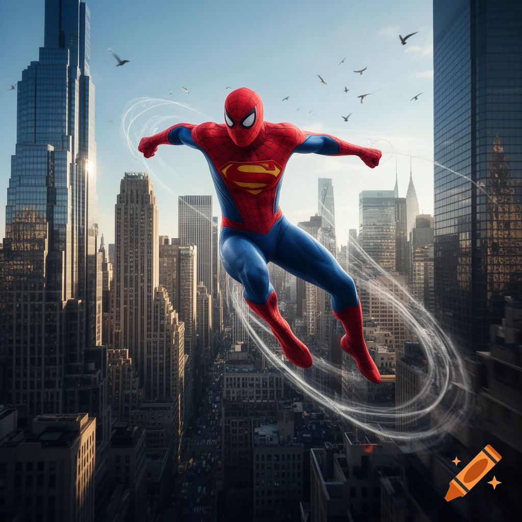 Spider-Man, wearing a red and blue suit with a Superman 'S' shield, flies through the sky above a bustling city.