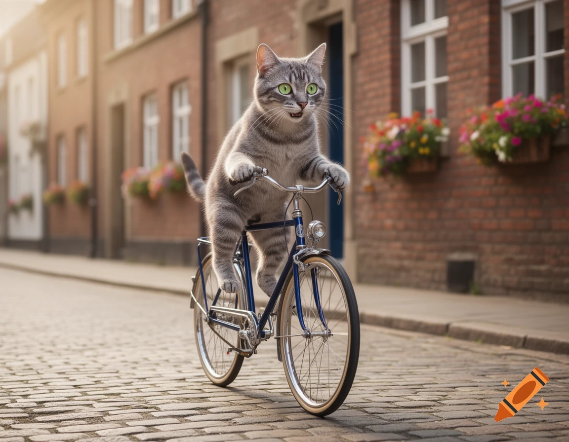 A gray tabby cat with bright green eyes rides a blue bicycle down a cobblestone street flanked by brick buildings.