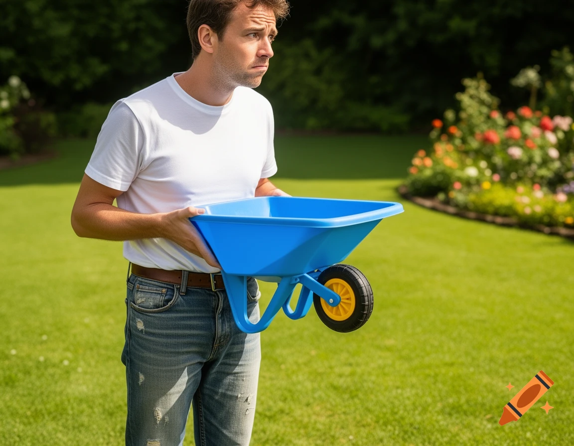 A man in a white t-shirt and jeans holds a small blue toy wheelbarrow in a sunny green garden. Photorealistic.