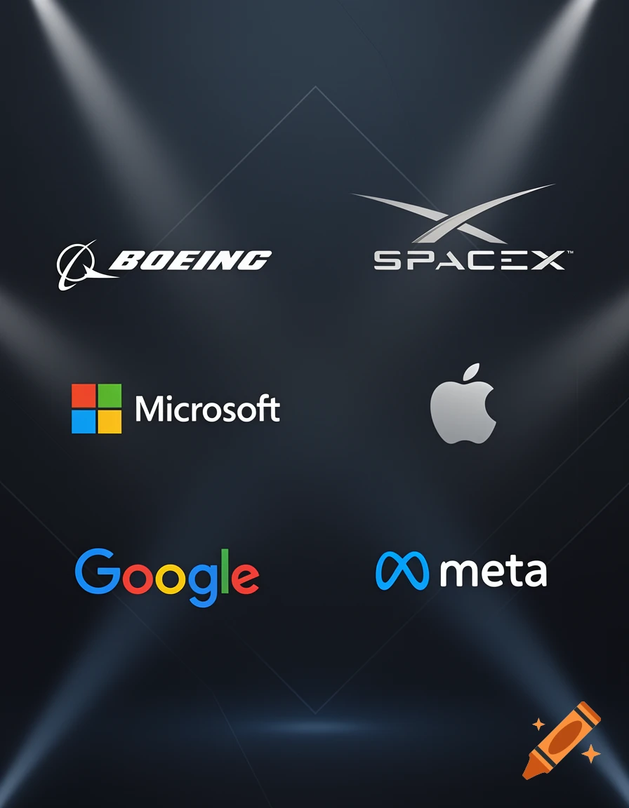 A poster displaying logos for Boeing, SpaceX, Microsoft, Apple, Google, and Meta against a dark background with spotlights.