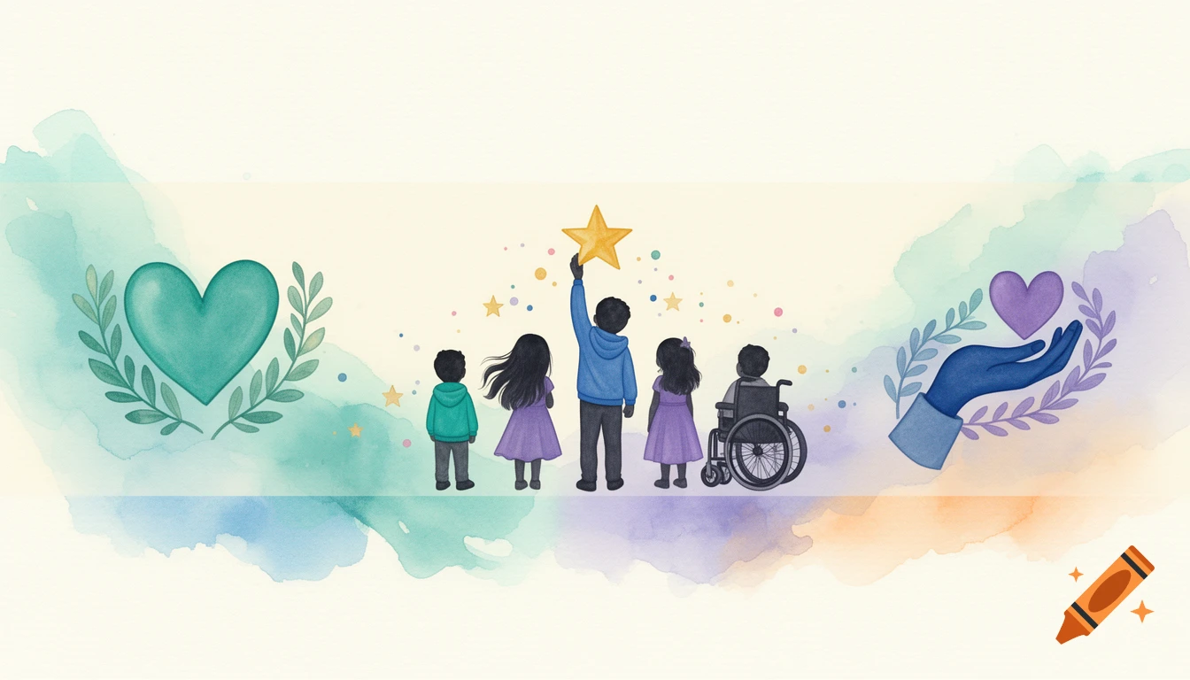 A watercolor illustration of five diverse children, one in a wheelchair, looking at a star, with hearts and a helping hand.