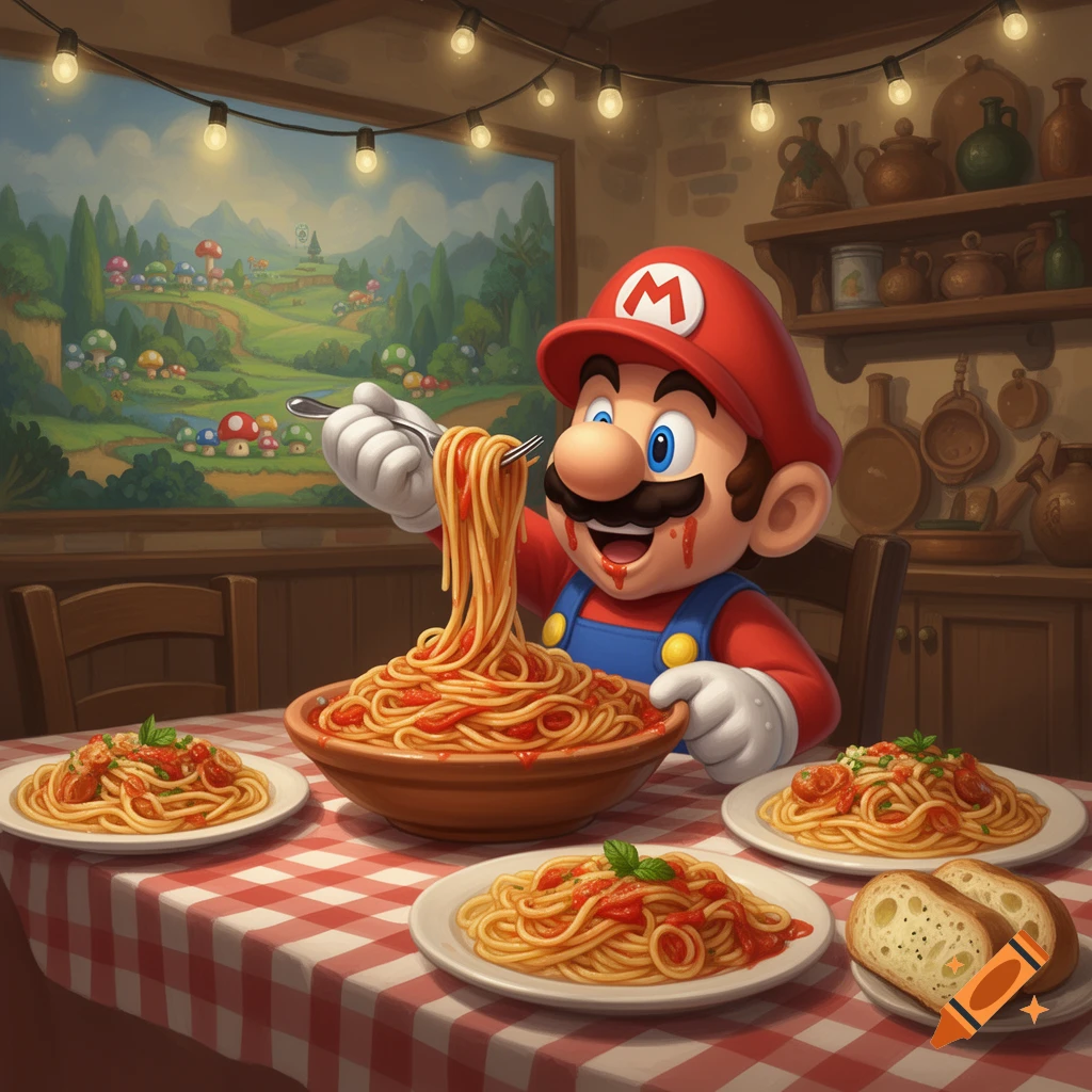 Super Mario happily eats a large forkful of spaghetti from a bowl on a red and white checkered table in a restaurant setting.