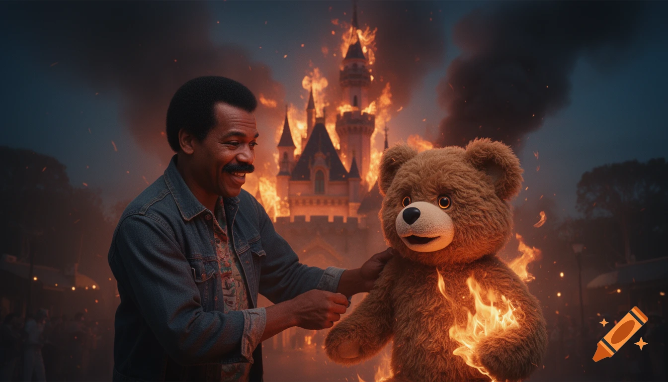 Richard Pryor smiles next to a burning Teddy Ruxpin in front of a burning fairytale castle.