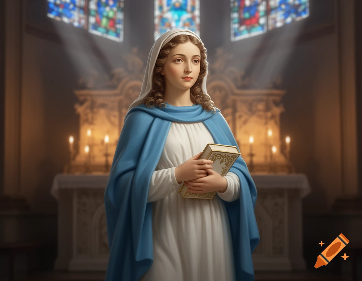 A serene young woman in a white gown and blue cloak holds a book, standing in a church with stained glass windows.