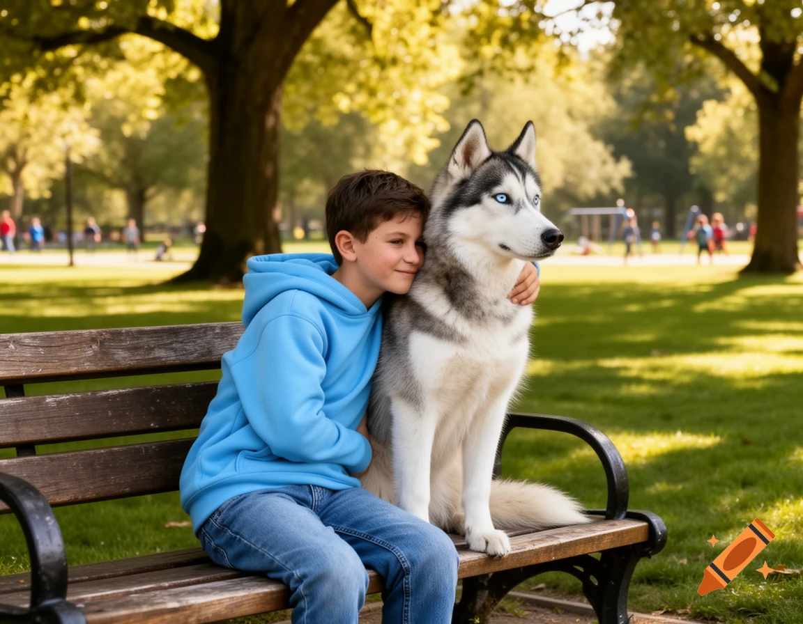 A young boy hugs a husky while sitting on a park bench in a sunny outdoor setting, photorealistic.