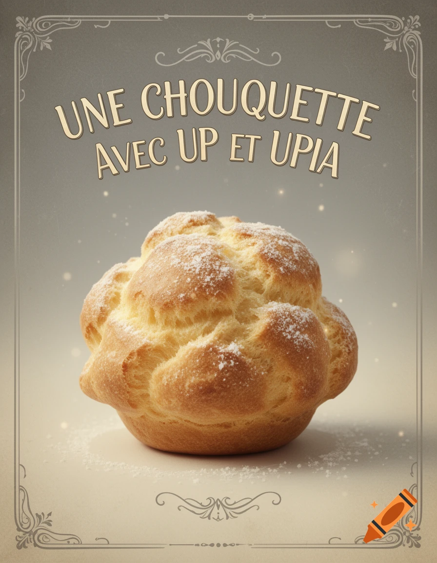 A golden brown chouquette pastry dusted with powdered sugar, set against a light background with a decorative border and French text.
