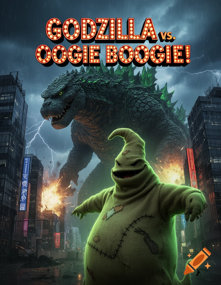 Movie poster of Godzilla roaring over a stormy city with lightning and explosions, while Oogie Boogie stands prominently in the foreground.