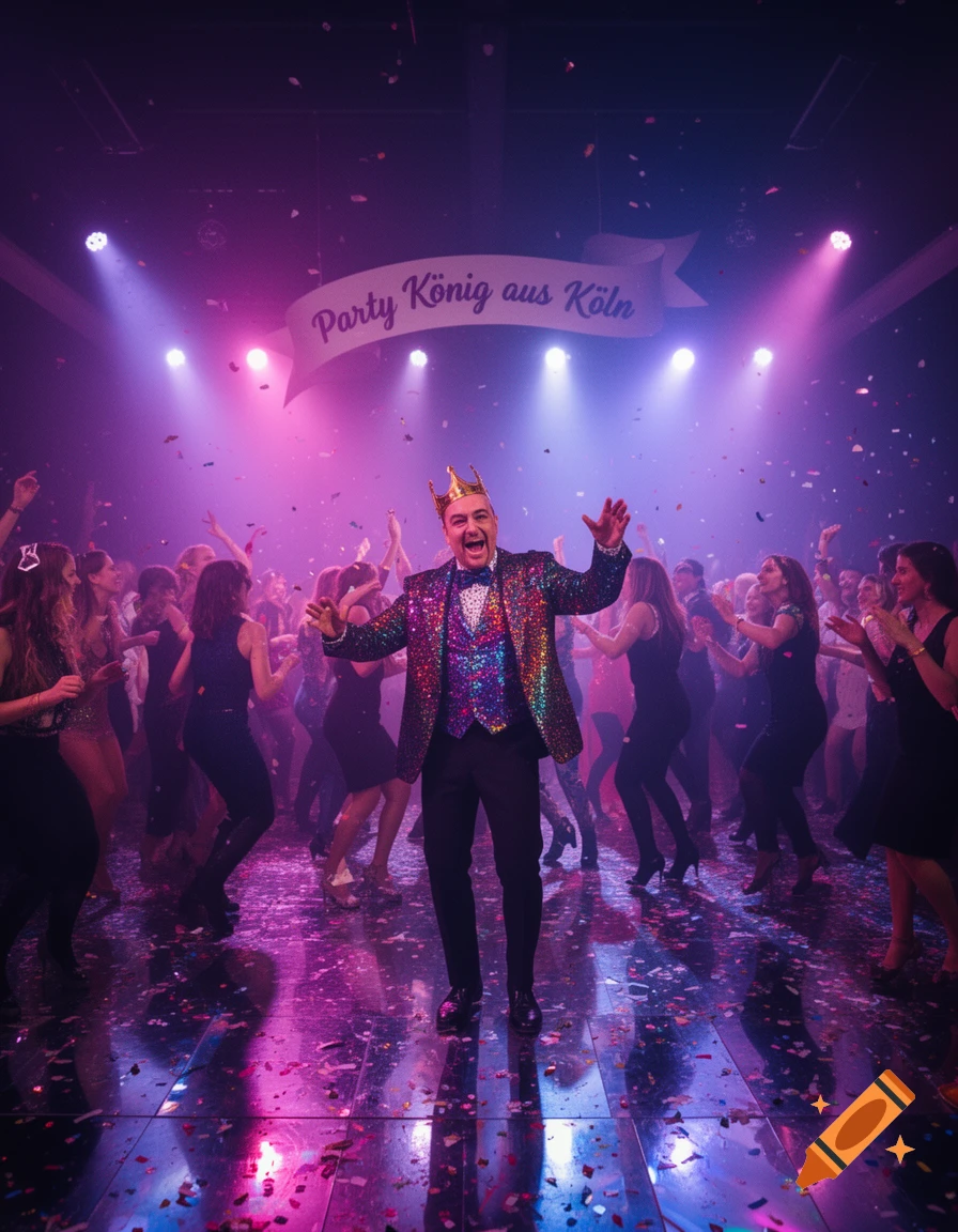 A man in a sequin jacket and crown dances in a confetti-filled club under purple lights, with a banner reading "Party K nig aus K ln" in the background.
