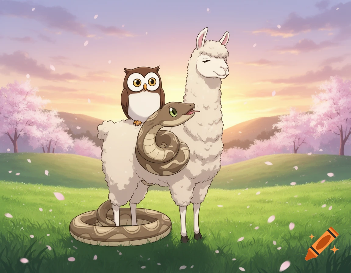A cartoon llama, owl, and snake relax together in a grassy field with pink cherry blossom trees under a sunset sky.