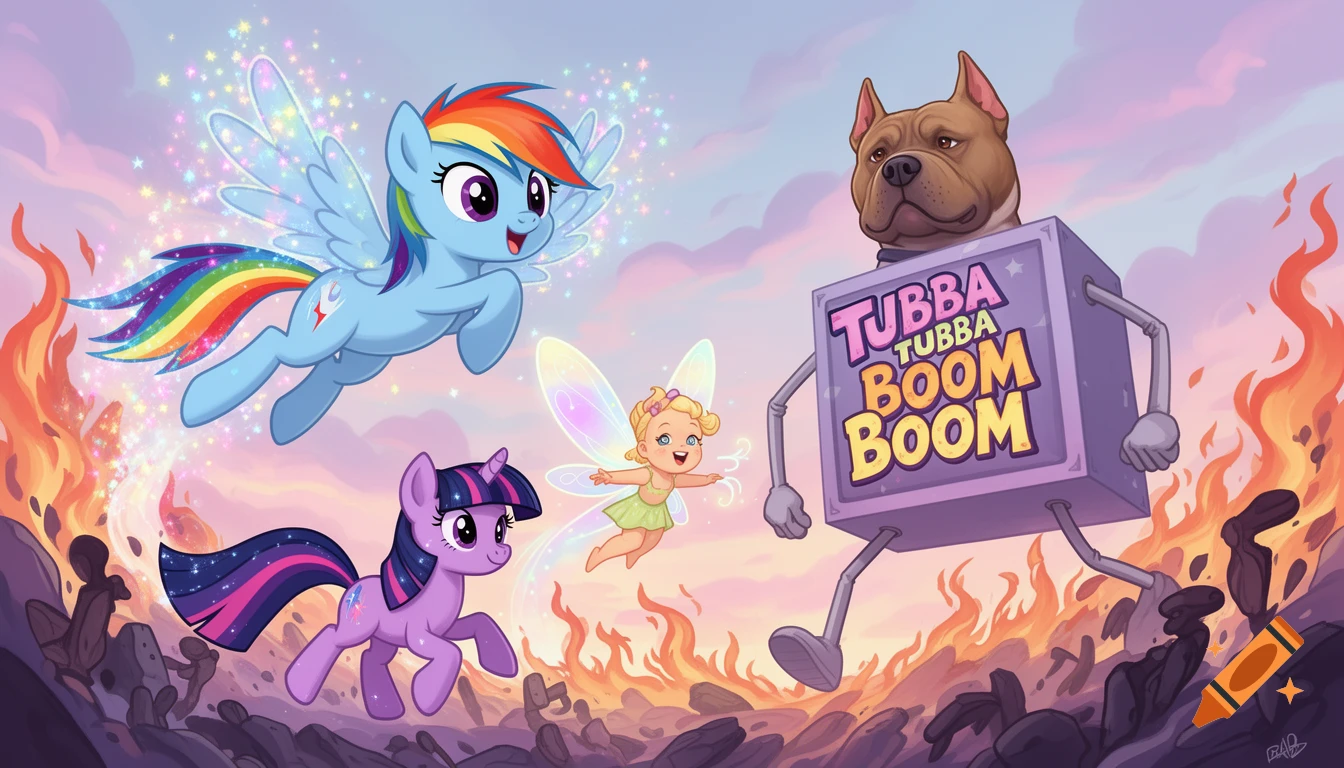 Cartoon image of Rainbow Dash, Twilight Sparkle, a fairy, and a pitbull-headed box robot flying above a chaotic fiery landscape.