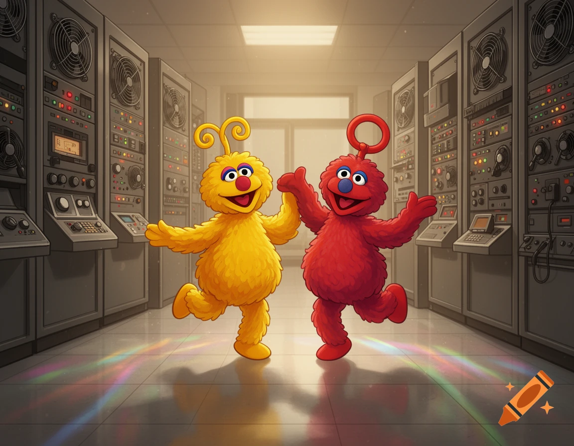 A yellow and a red fluffy cartoon character with antennae joyfully dance in a vintage mainframe computer room with colorful light reflections on the floor.
