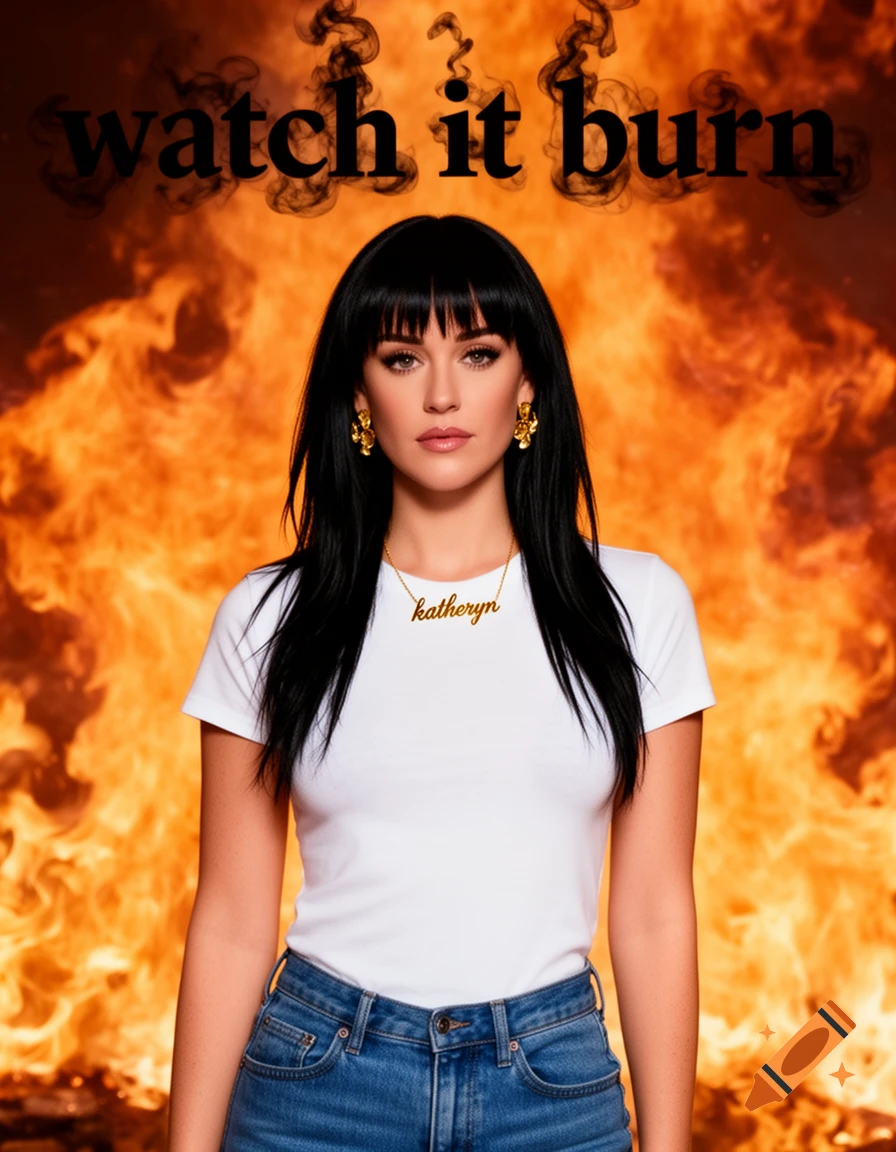 A woman with black hair, a white t-shirt, and jeans stands against a fiery background with "watch it burn" text and "katheryn" on her necklace.