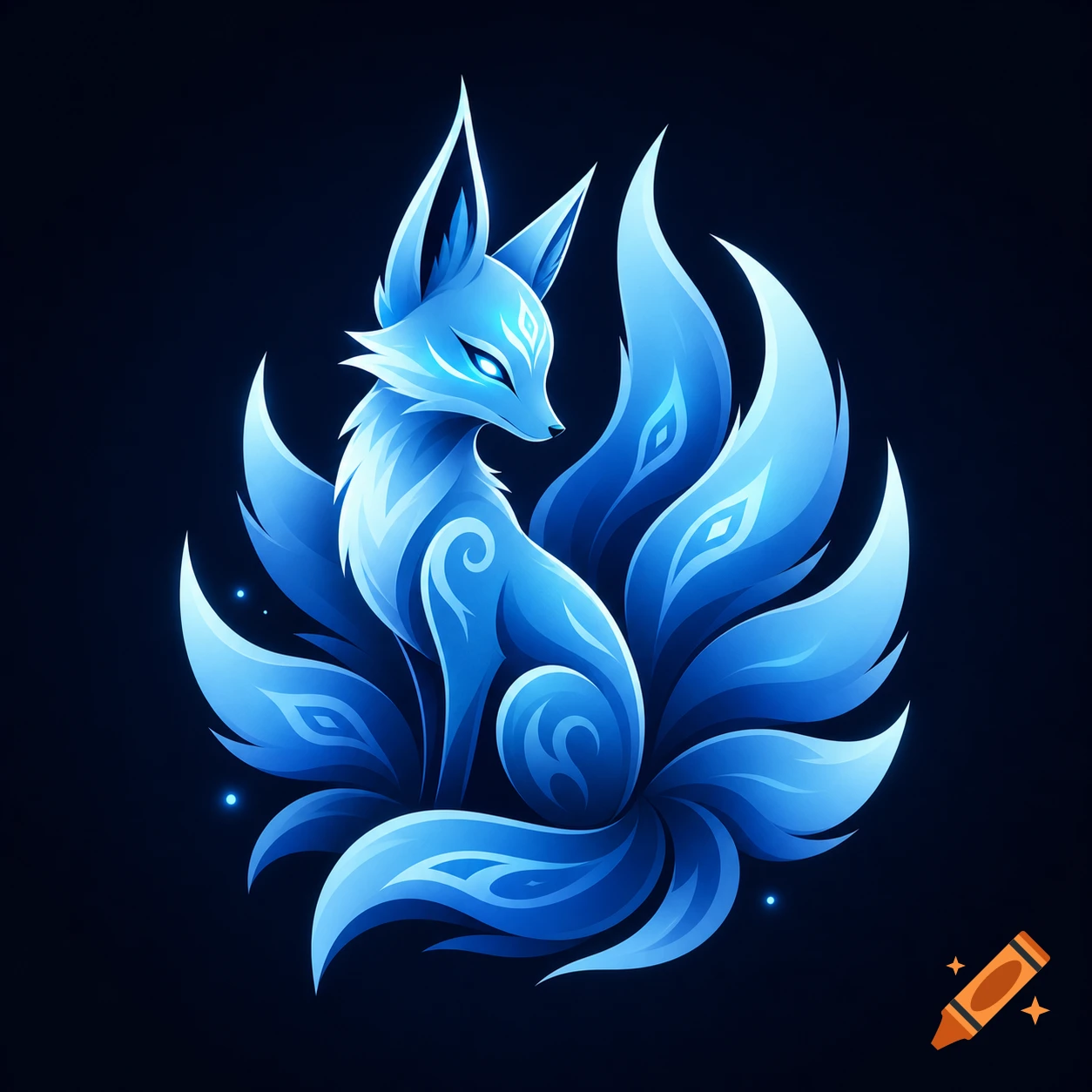 A stylized blue kitsune with multiple tails and glowing eyes sits against a dark background.