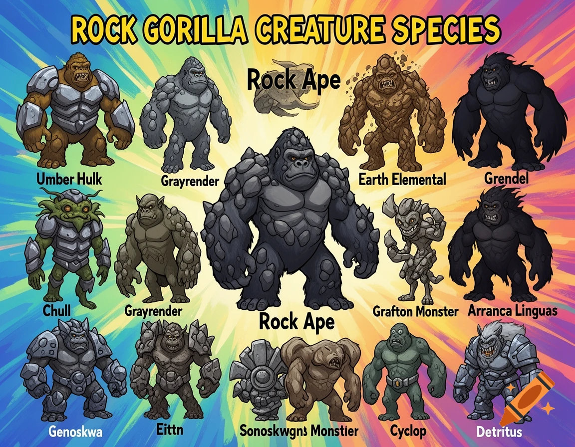 A chart of cartoon rock gorilla creature species, including Umber Hulk, Earth Elemental, Grendel, Rock Ape, Cyclop, and other monsters.