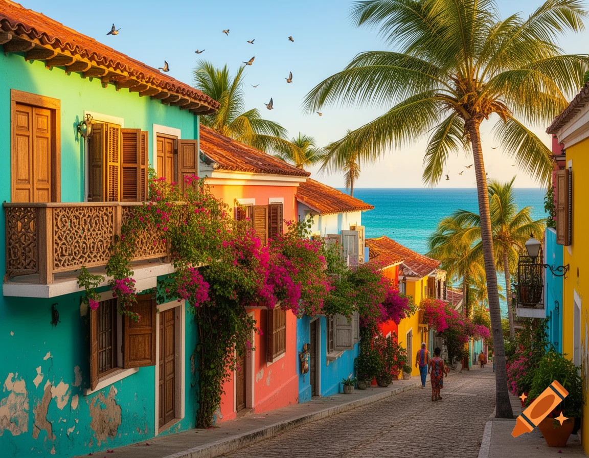 A vibrant street scene in a tropical village with colorful houses, bougainvillea, palm trees, and the ocean in the background.