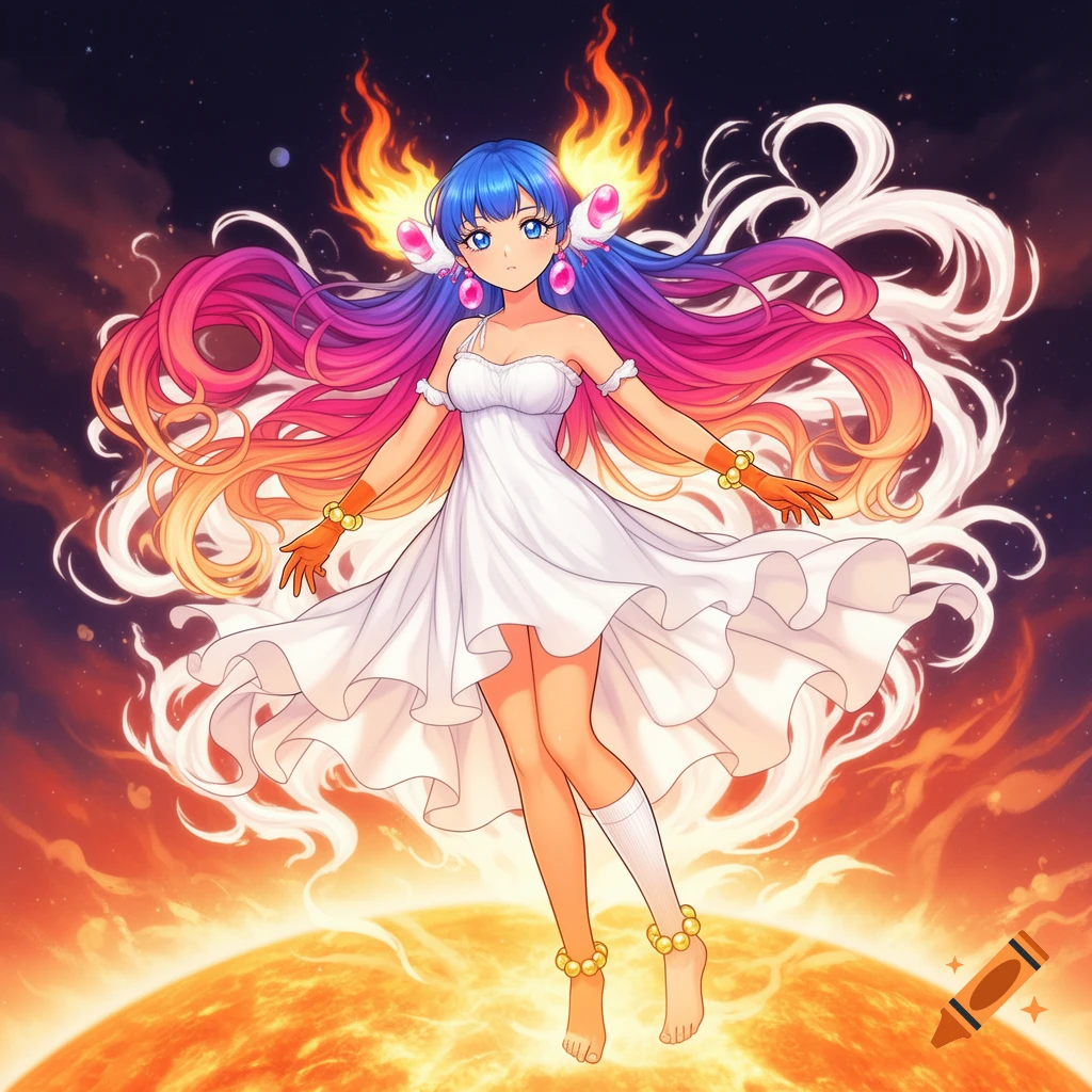 An anime girl with blue to white gradient hair and fiery ears, wearing a white dress and orange gloves, floats above a glowing sun in space.