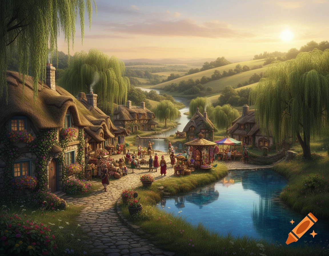 Idyllic fantasy village with thatched-roof cottages, a market, and a winding river at sunset, surrounded by green hills and willows.