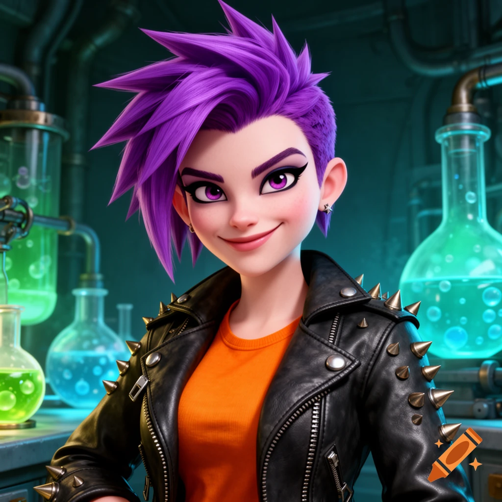 A smiling, stylized character with spiky purple hair and a studded leather jacket stands in a laboratory with glowing beakers.