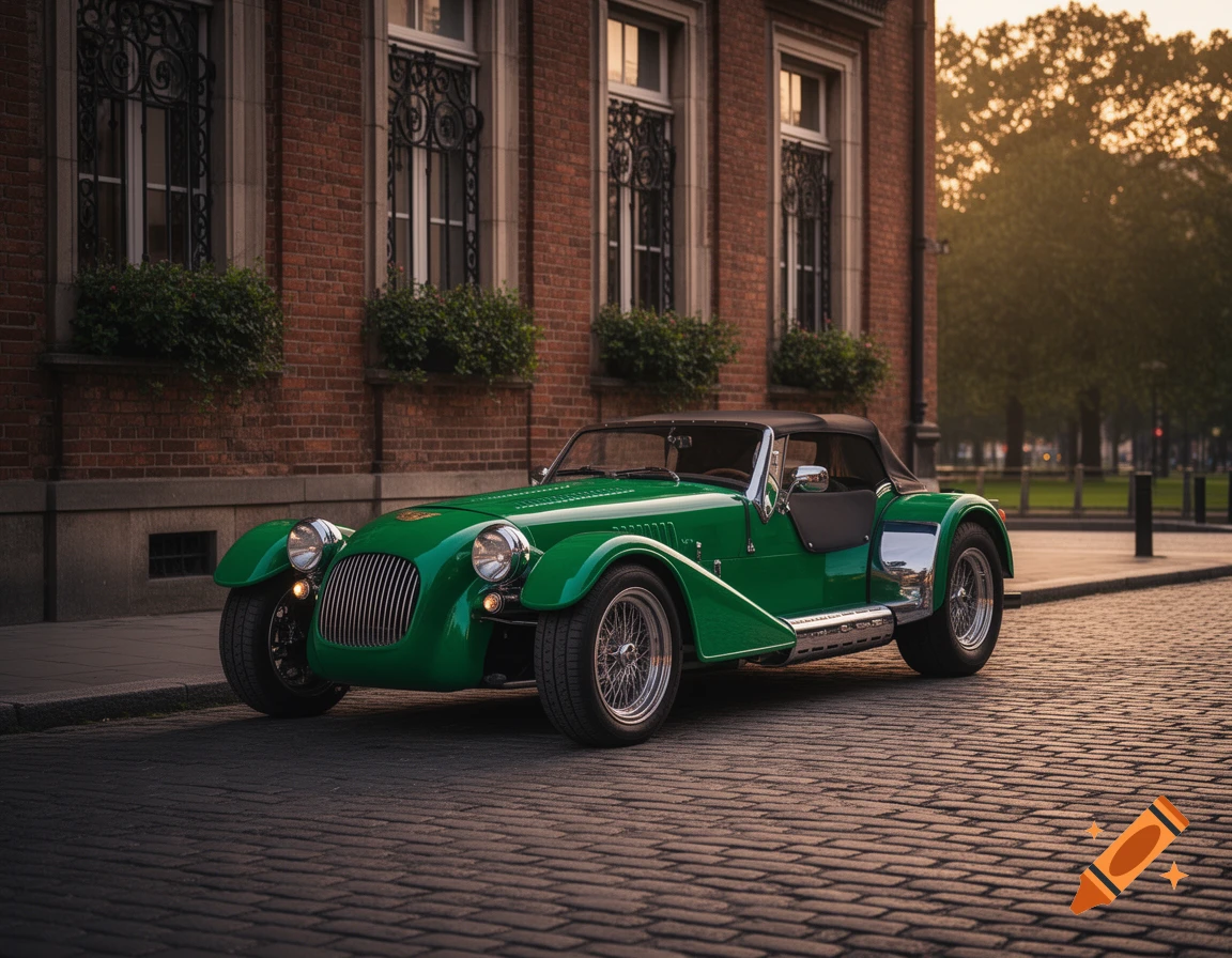 A classic green convertible sports car is parked on a cobblestone street in front of a brick building during sunset.