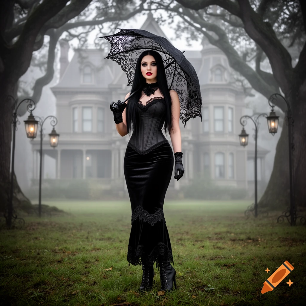 A gothic woman in a black corset dress and gloves stands with a lace umbrella in front of a mysterious, foggy mansion.
