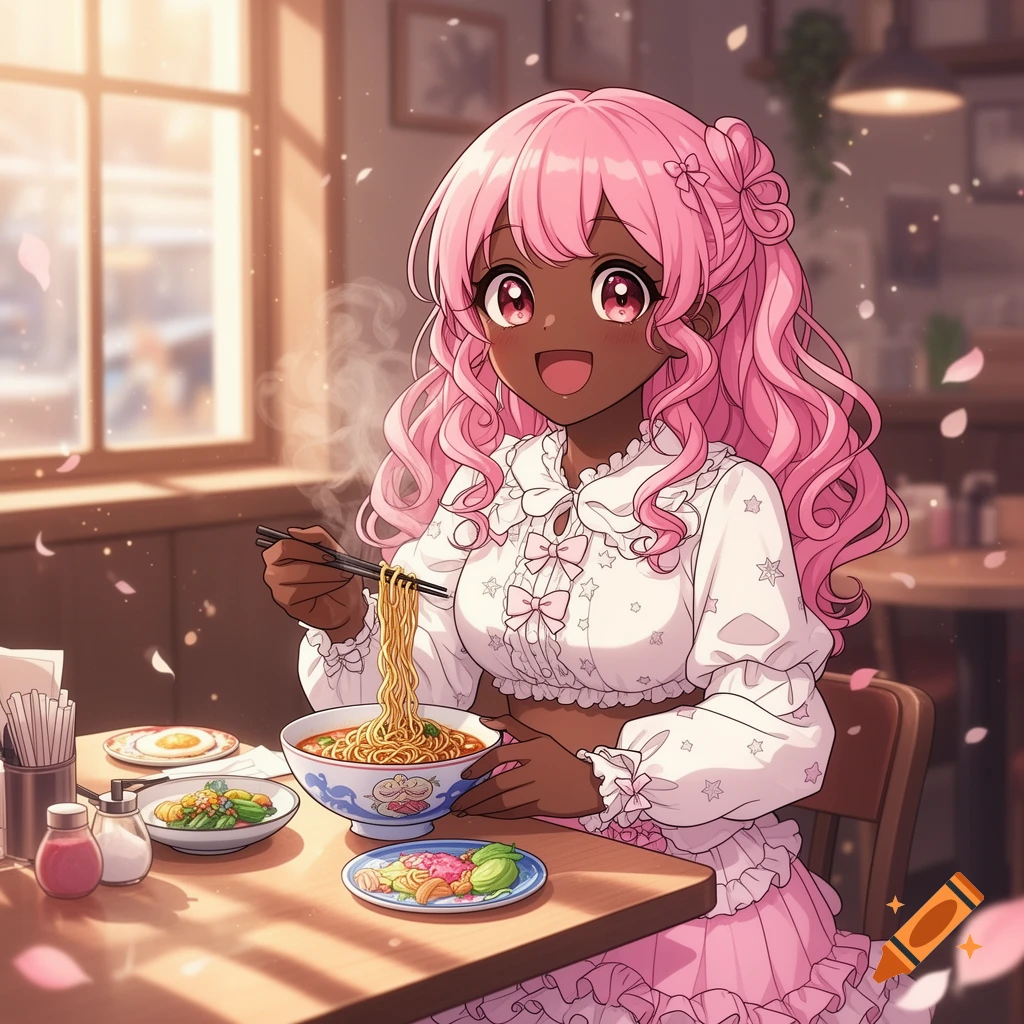 An anime girl with pink hair and dark skin, wearing a pink and white lolita-style outfit, happily eats ramen with chopsticks at a cafe.