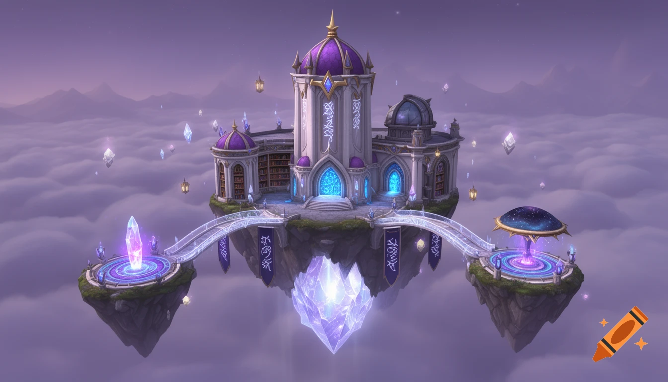 A grand purple and white fantasy academy on a cloud island, with glowing crystals and bridges, in a magical game art style.