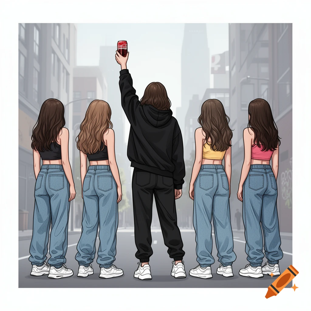 Stylized illustration of five girls from behind on a city street; the center girl in a black hoodie raises a cola can, flanked by others in crop tops and baggy jeans.