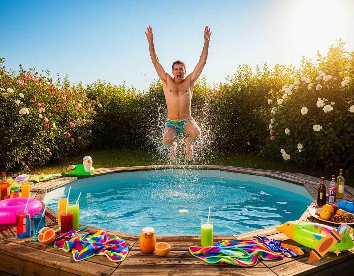 A man jumps mid-air into a swimming pool during a vibrant outdoor pool party with drinks and inflatables.