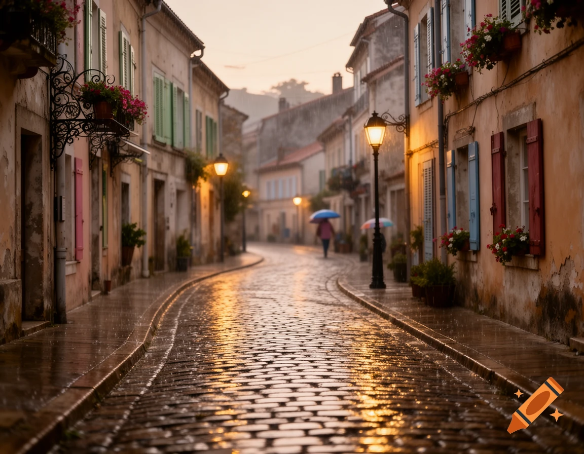A photorealistic view of a wet cobblestone street reflecting the glow of streetlights at dusk, with people holding umbrellas.