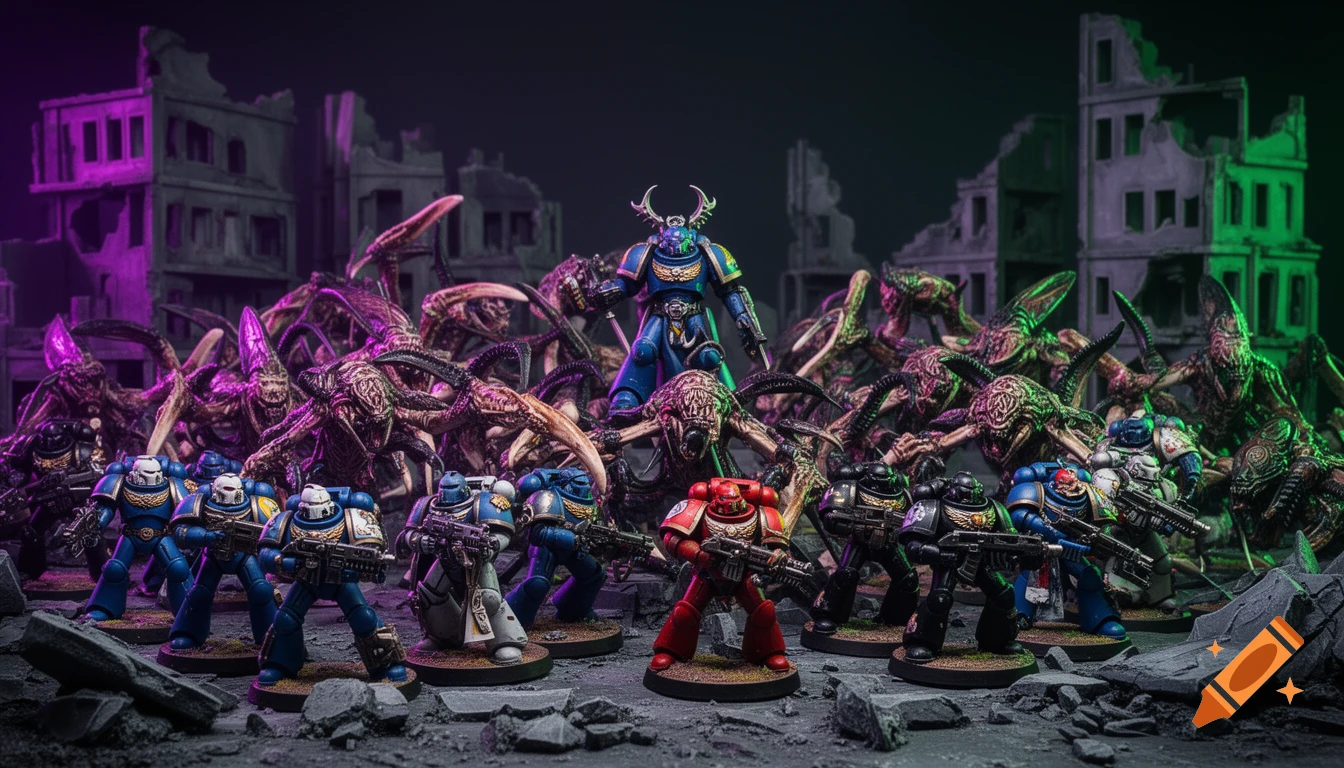 Space Marine miniatures battle alien Tyranid monsters in a ruined city with cinematic neon lighting.