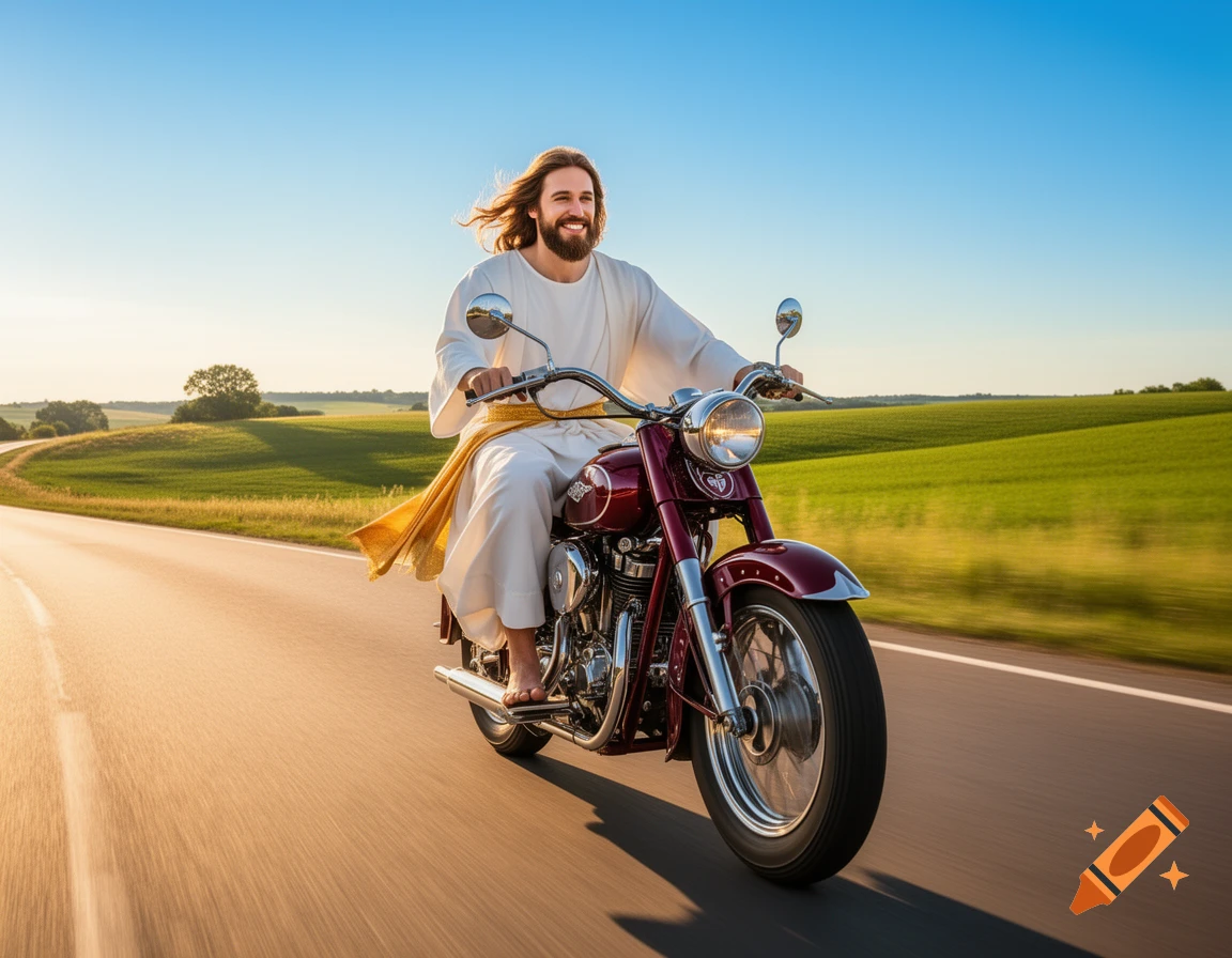 Jesus Christ with long hair and a white robe riding a red motorcycle on a sunny road through green fields.