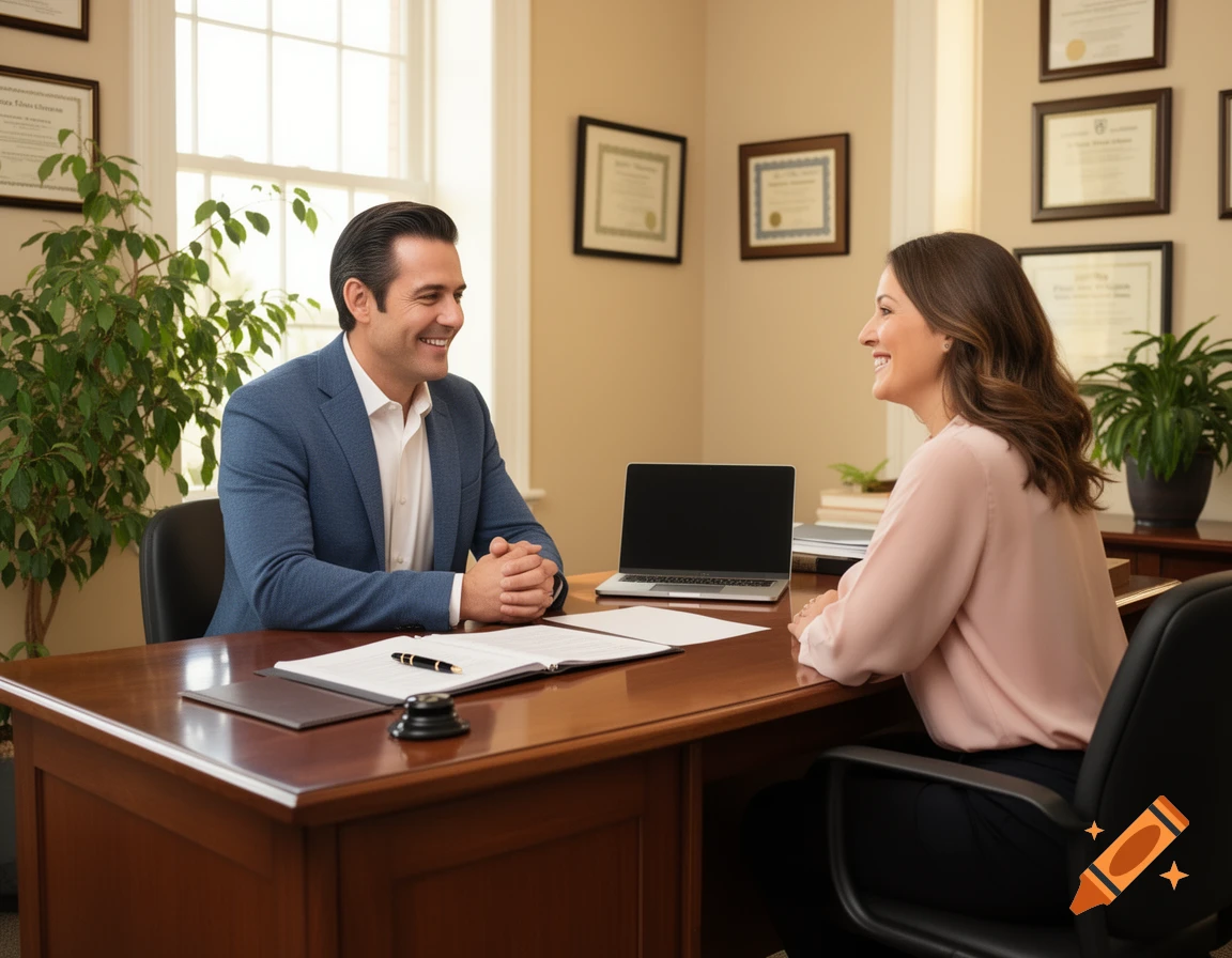A smiling man in a blue suit sits at a desk across from a smiling woman in a professional office.