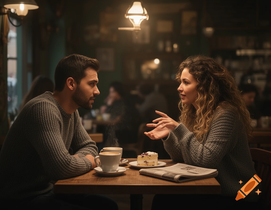 A man and woman in sweaters talk over coffee and cake at a warmly lit cafe table, with a newspaper between them.