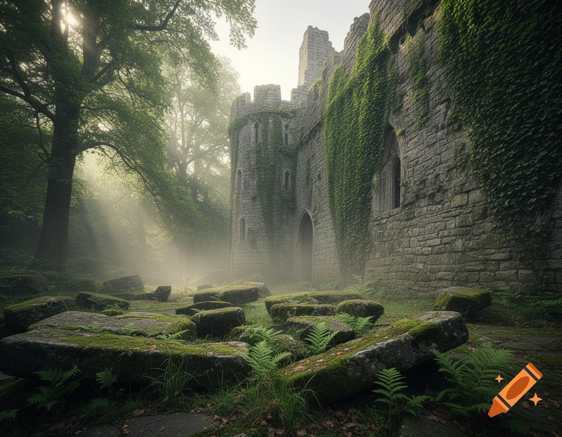 A moss-covered castle ruin with a tall tower in a misty, sun-dappled forest, surrounded by mossy rocks and ferns.
