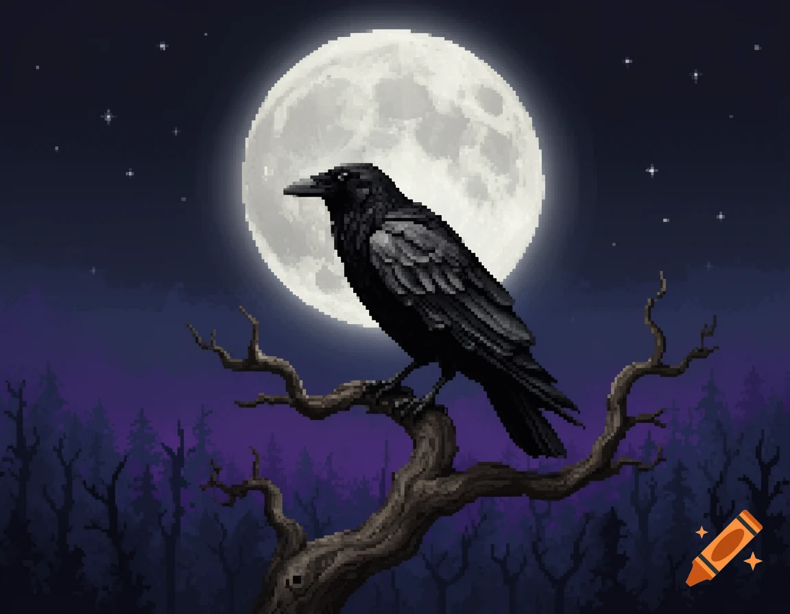 A pixel art crow perches on a bare tree branch against a large, bright full moon and starry, dark purple night sky.
