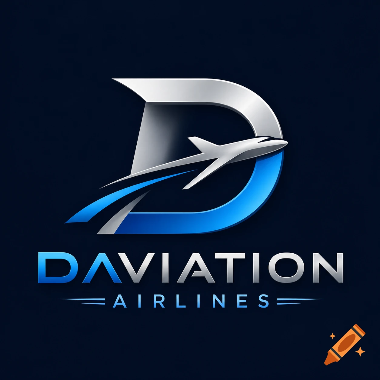 A sleek logo for Daviation Airlines, featuring a silver and blue stylized letter 'D' with a silver airplane flying through it, above the text "DAVIATION AIRLINES".