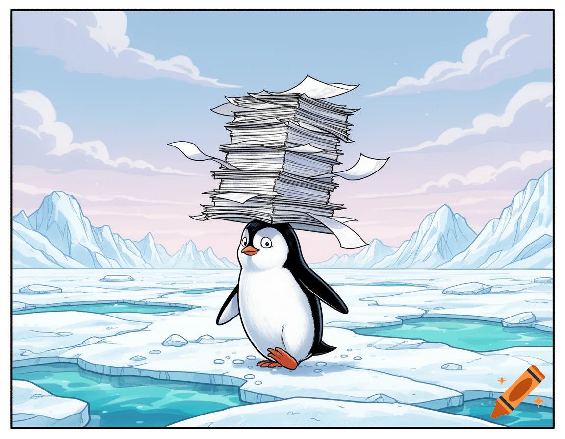 A comic-style penguin balances a tall stack of papers on its head in a vast arctic landscape with ice and mountains.