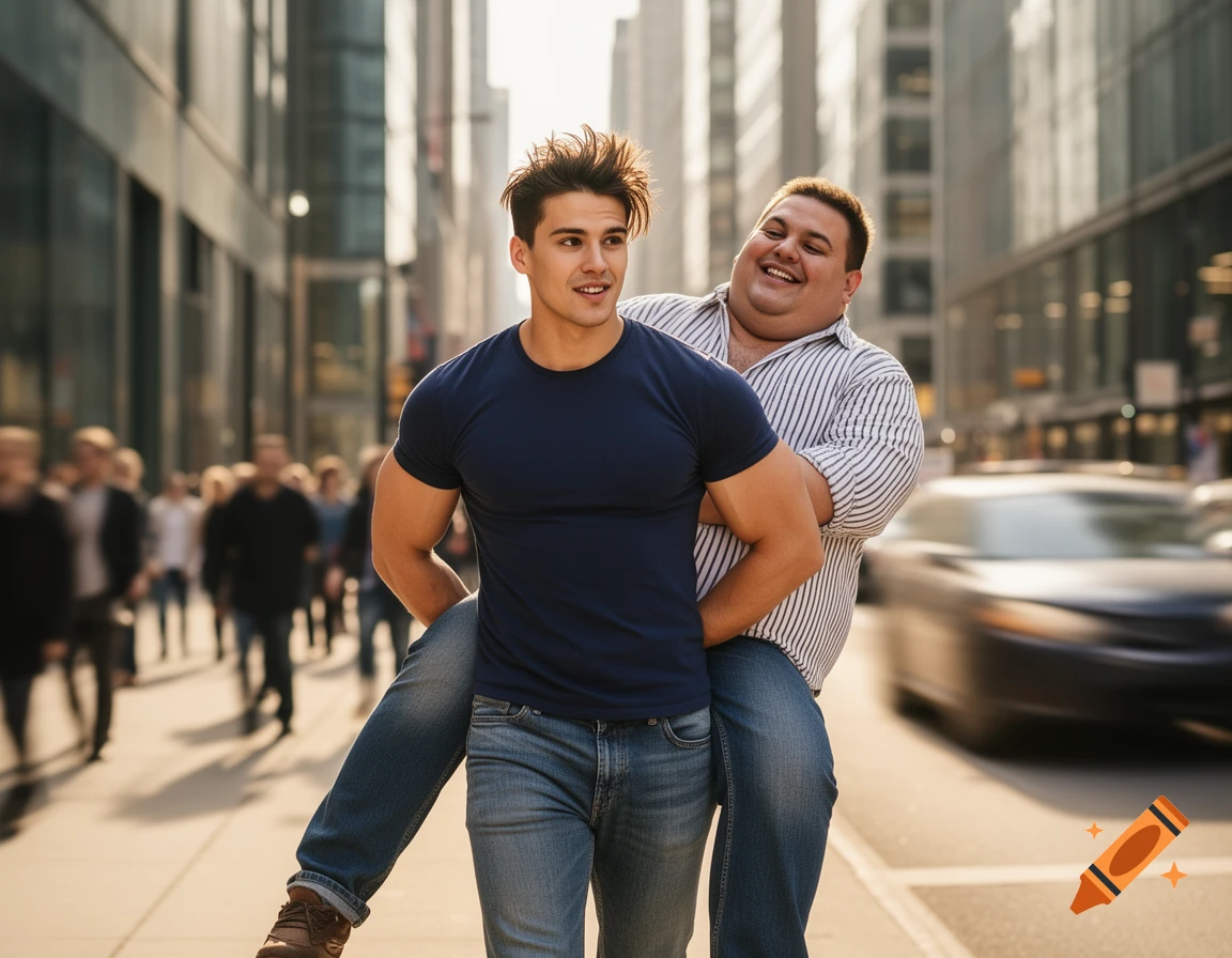 A muscular man carries an overweight man piggyback style on a sunny city street with blurred pedestrians.