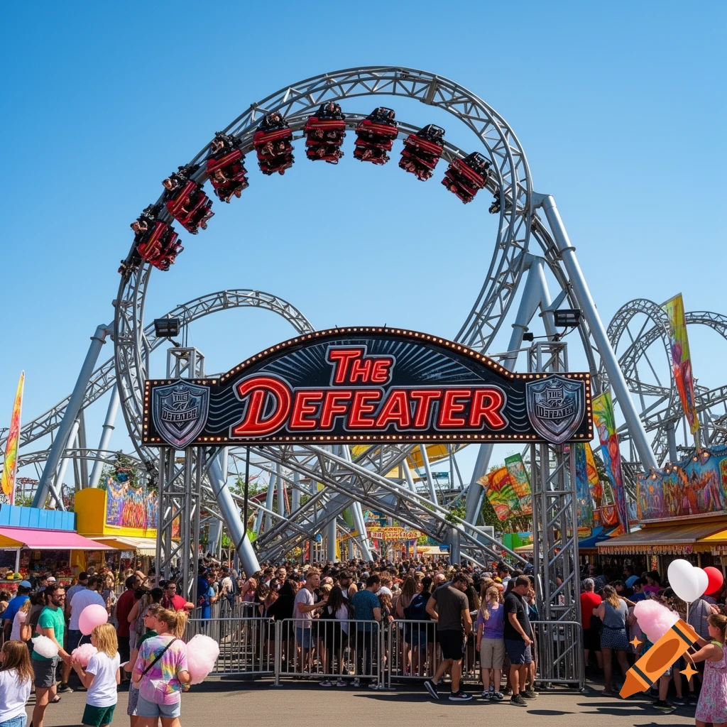 A photorealistic image of 'The Defeater' roller coaster with a crowd of people waiting in line at an amusement park on a sunny day.