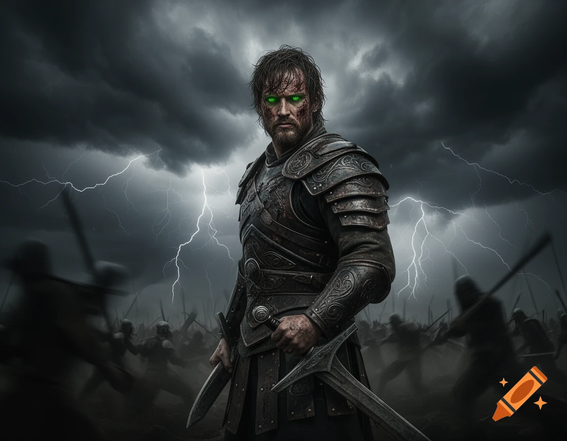 A grim, armored warrior with glowing green eyes holds two swords on a stormy battlefield with lightning and blurred figures fighting.