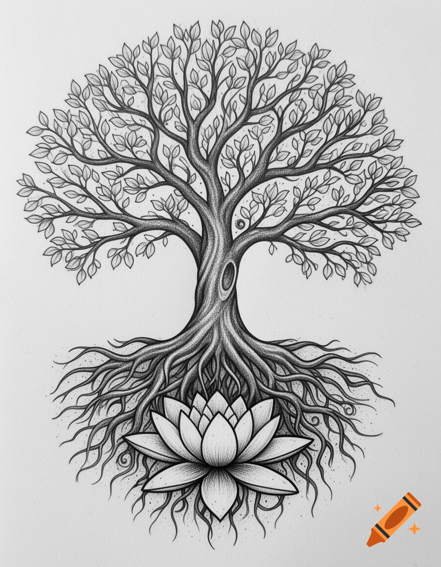 Black and white sketch of a tree with lush leaves, its roots intertwining to form a detailed lotus flower at the bottom.