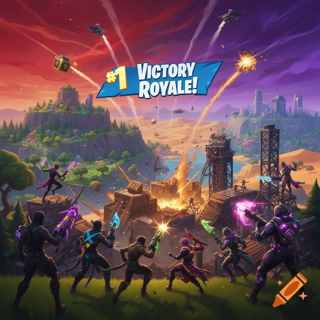 A vibrant Fortnite battle scene with characters fighting amidst explosions in a desert and city landscape, featuring a "#1 VICTORY ROYALE!" banner.