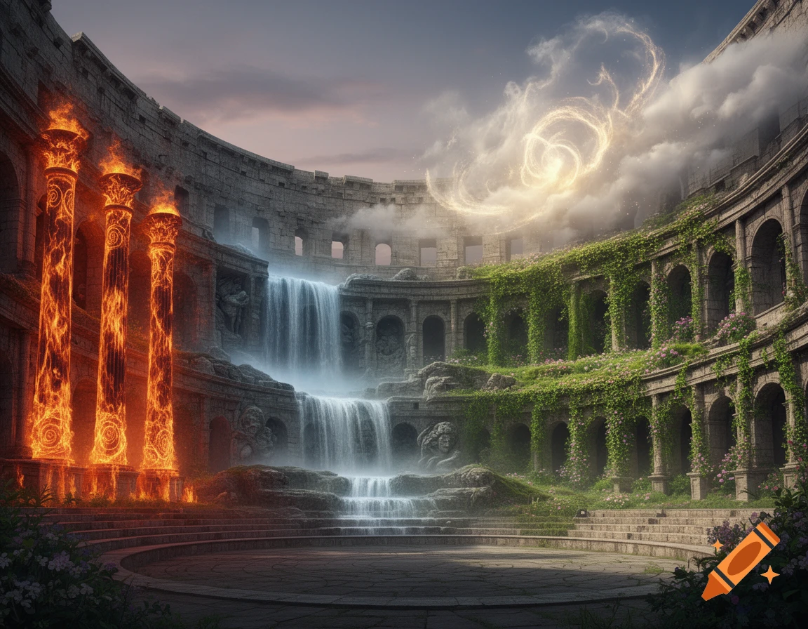 A fantasy arena with ancient stone ruins, three fiery columns, cascading waterfalls, lush green vines, and ethereal glowing clouds in the sky.
