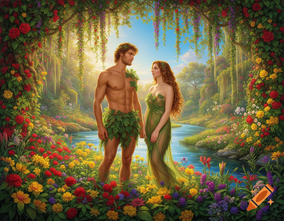 Adam and Eve stand in a vibrantly lush Garden of Eden, surrounded by dense foliage, colorful flowers, and a flowing river.