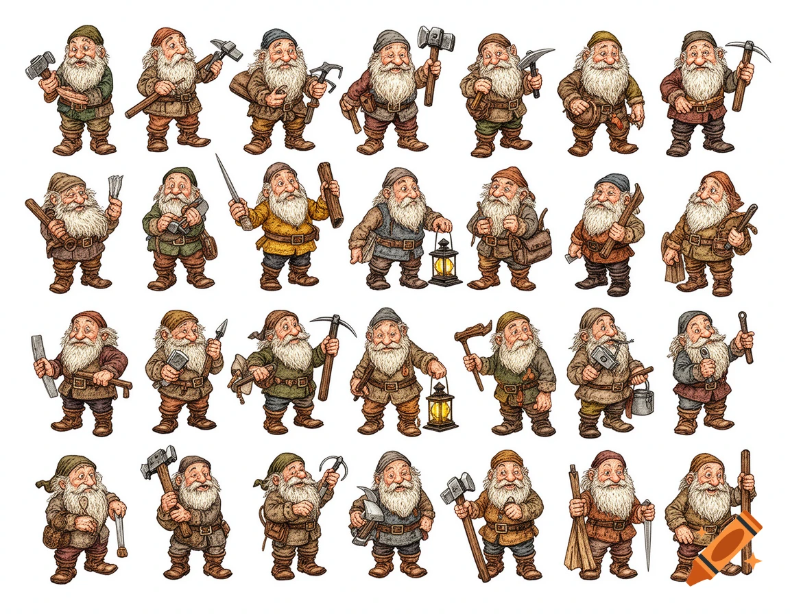 Thirty individual cartoon-style dwarves with white beards and brown clothing, each holding tools, on a white background.