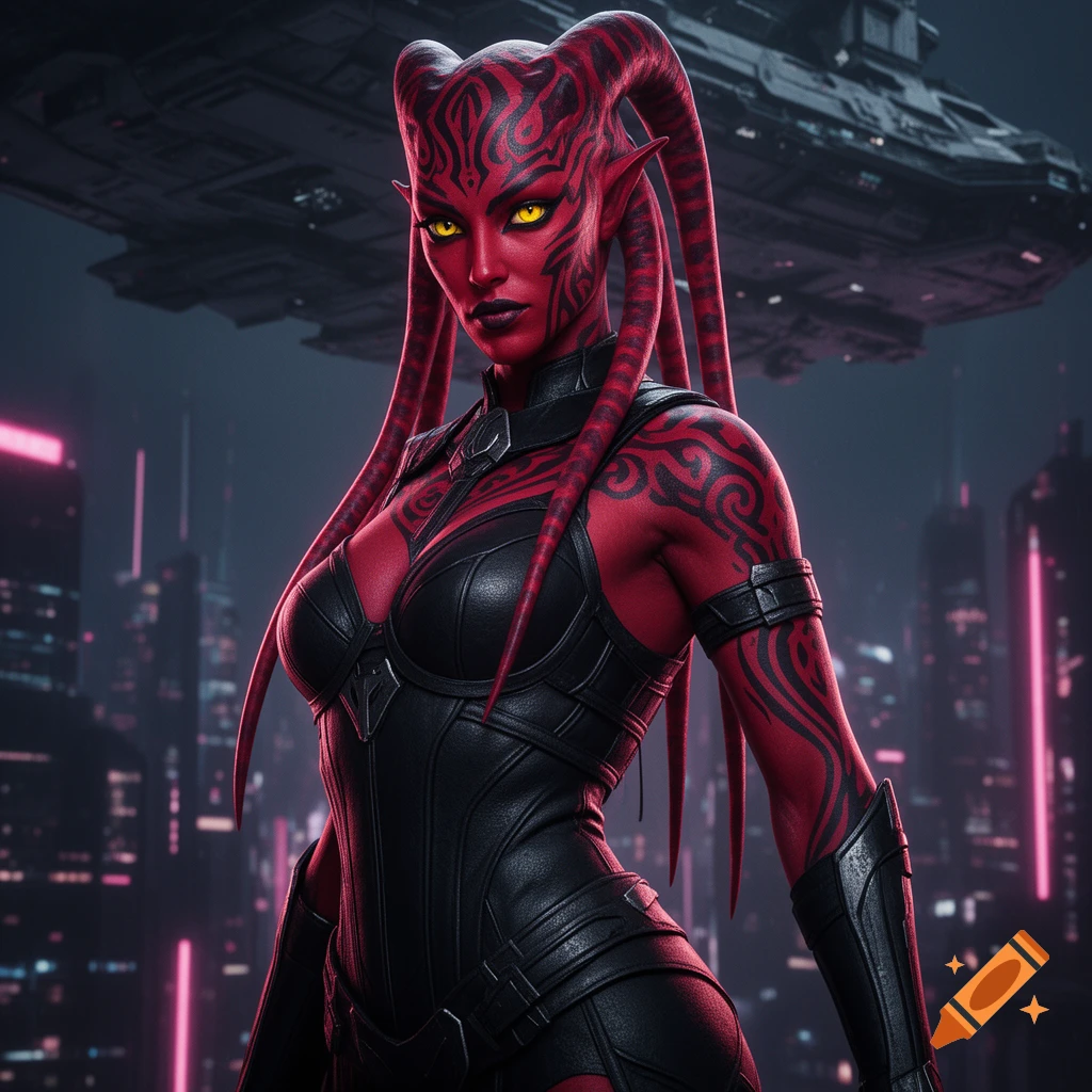 A red-skinned, horned female character with black tattoos and glowing yellow eyes wears a black leather outfit against a futuristic cityscape with a spaceship overhead.