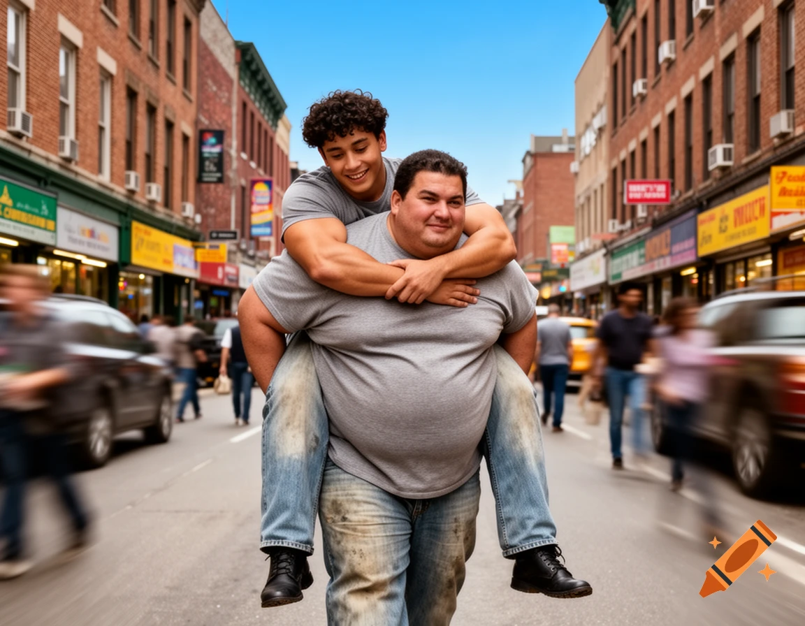 A young muscular man carries an overweight man piggyback down a busy city street lined with brick buildings.