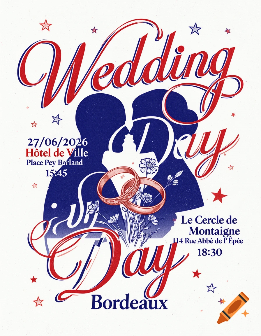 A vintage-style wedding poster with red, white, and blue typography, silhouettes of a couple, and wedding rings, set against a white background with stars.