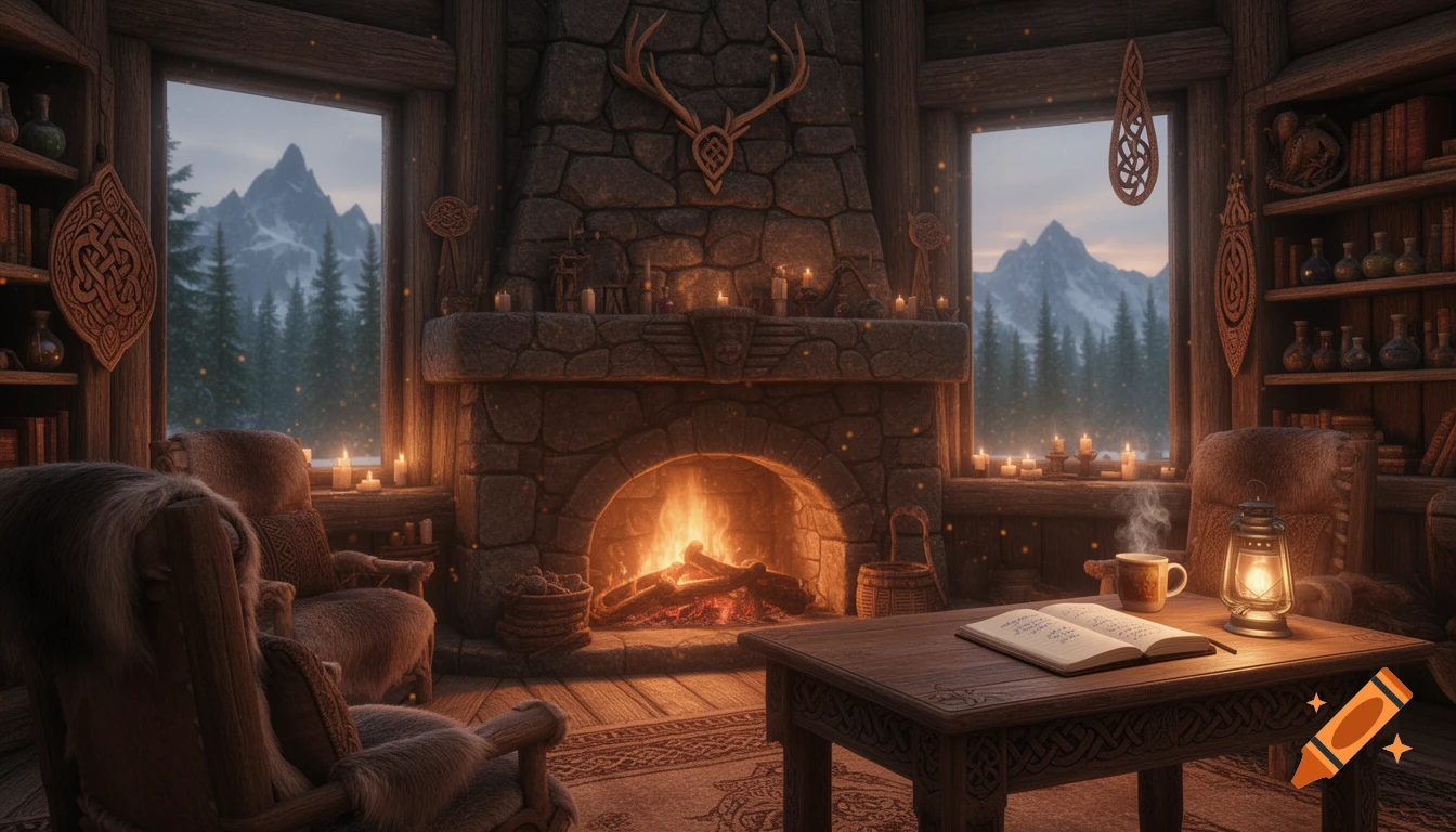 A cozy, Skyrim-inspired Nordic living room with a stone fireplace, fur chairs, and a mountain view from large windows. A journal and lantern sit on a wooden desk.