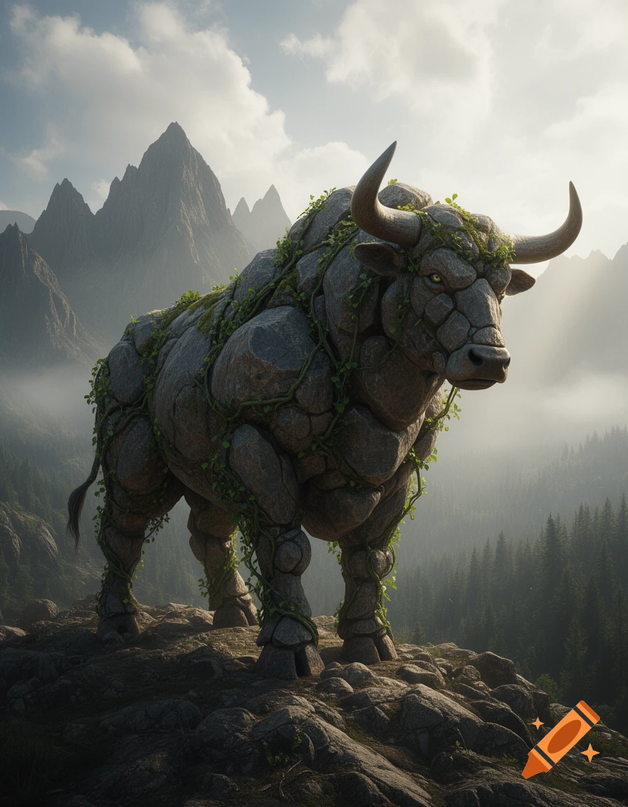A magnificent stone bull, covered in green vines, stands on a rocky mountain ridge with misty peaks and a forest below.